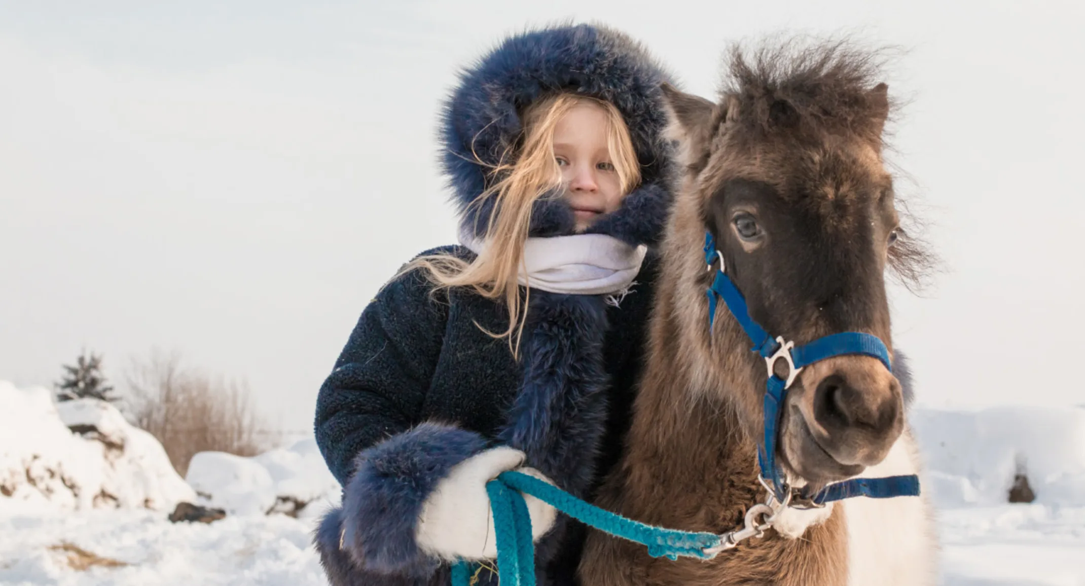 Little Girl with Pony in Snow Winter